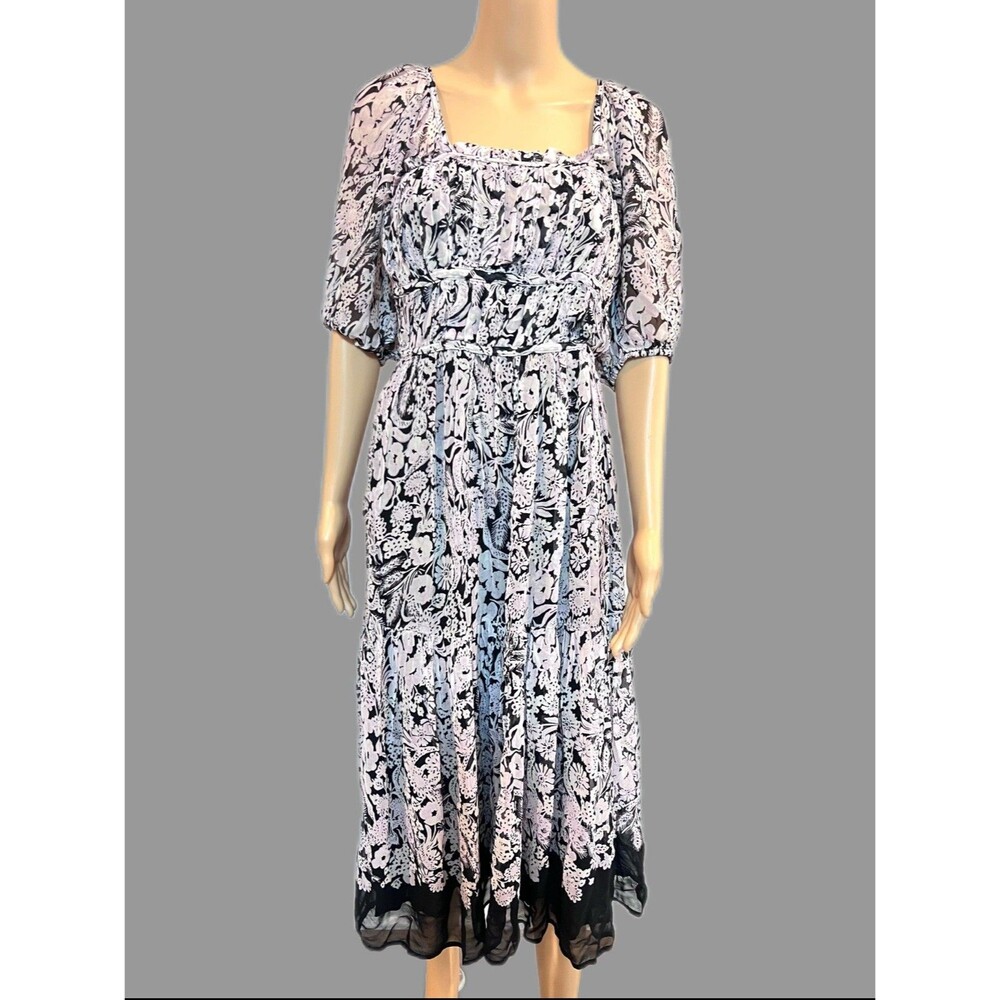 By Anthropologie Squareneck Smocked Midi Dress Women Sz Small Floral Puff Sleeve
